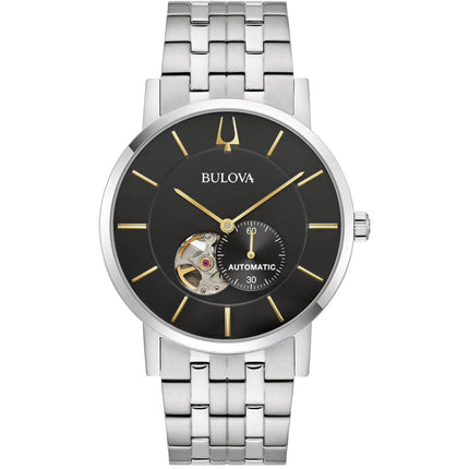 Bulova Men's Watch - American Clipper Automatic Black Open Heart Dial Steel | 96A305 ,