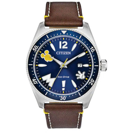 Citizen Men's Watch - Disney Mickey Mouse Eco Drive Blue Dial Brown Strap | AW1599-00W ,