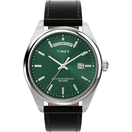 Timex Men's Watch - Legacy Green Dial Black Leather Strap Day-Date | TW2W57300VQ ,