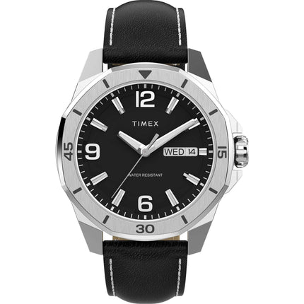Timex Men's Watch - Essex Silver Tone Case Black Dial Leather Strap | TW2W79800VQ ,