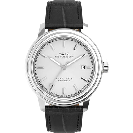 Timex Men's Watch - Waterbury Silver Tone Dial Black Leather Strap | TW2Y22900VQ ,