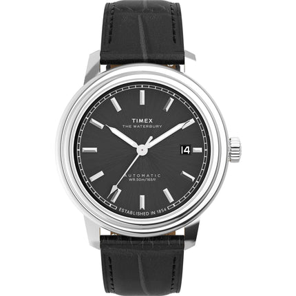 Timex Men's Watch - Waterbury Silver Case Black Dial Leather Strap | TW2Y23000VQ ,