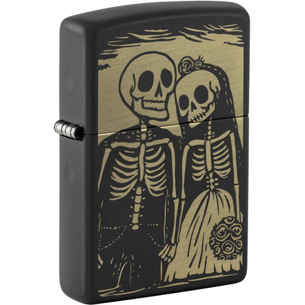 Zippo Pocket Windproof Lighter - Skeleton Wedding Design Black Matte Finish | 47210 ,