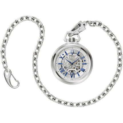 Bulova Men's Pocket Watch - Sutton Automatic Silver Tone Skeleton Dial Chain | 96A304 ,