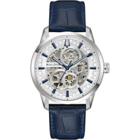 Bulova Men's Watch - Sutton Automatic Silver Skeleton Dial Leather Strap | 96A330 ,