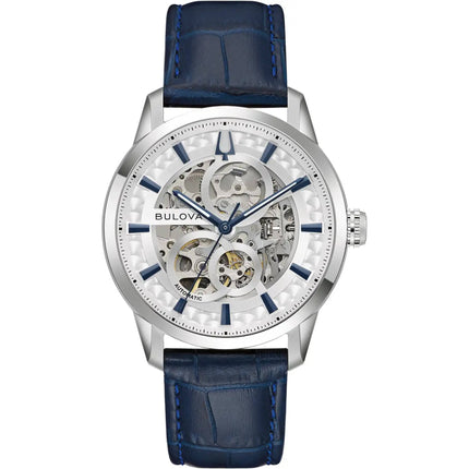 Bulova Men's Watch - Sutton Automatic Silver Skeleton Dial Leather Strap | 96A330 ,