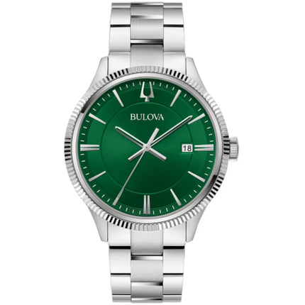 Bulova Men's Watch - Classic Quartz Green Dial Silver Steel Bracelet Date | 96B479 ,