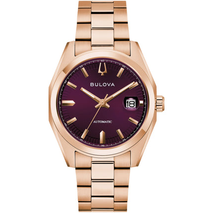 Bulova Men's Watch - Surveyor Automatic Maroon Dial Yellow Gold Bracelet | 97B234 ,