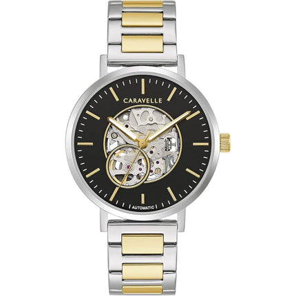 Caravelle Men's Watch - Classic Black and Silver Semi-Skeleton Dial Steel | 45A152 ,