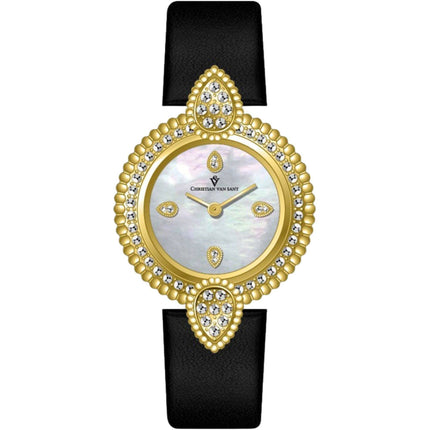 Christian Van Sant Women's Watch - Valor Quartz Black Leather Strap Crystal | CV1274 ,