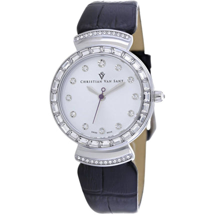Christian Van Sant Women's Watch - Nova Silver Tone Dial Black Leather Strap | CV2943 ,