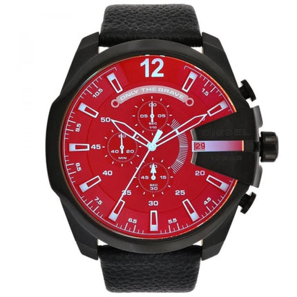 Diesel Men's Watch - Mega Chief Chronograph Red Dial Black Leather Strap | DZ4323 ,