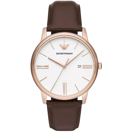Emporio Armani Men's Watch - Minimalist White Dial Brown Leather Strap | AR11572 ,