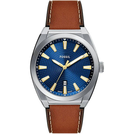 Fossil Men's Watch - Everett Quartz Blue Dial Brown Leather Strap Date | FS6115 ,