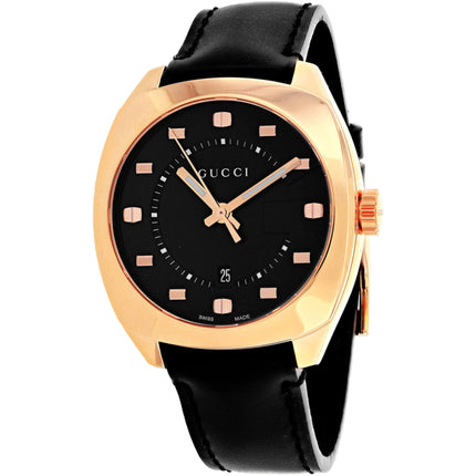 Gucci Men's Watch - GG2570 Rose Gold Tone Case Black Dial Leather Strap | YA142309 ,