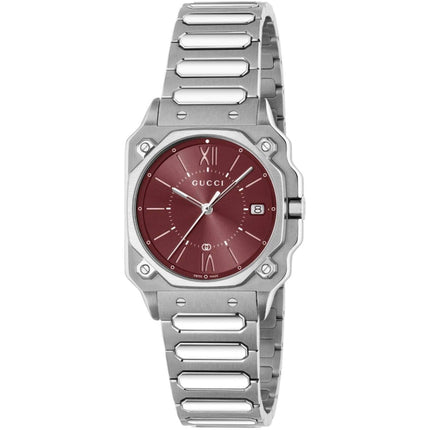 Gucci Men's Watch - G-Flat Maroon Dial Silver Stainless Steel Bracelet | YA166509 ,