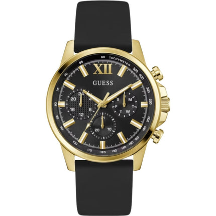 Guess Men's Watch - Walker Yellow Gold Case Black Dial Silicone Strap | GW0913G2 ,
