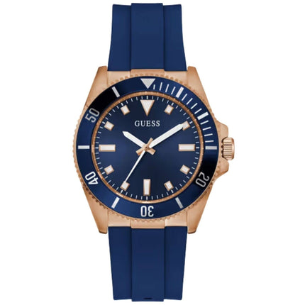 Guess Men's Watch - Cliff Quartz Rose Gold Case Blue Dial Silicone Strap | GW0969G3 ,