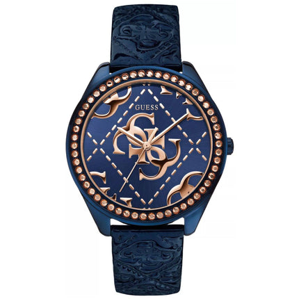 Guess Women's Watch - Iconic Quartz Rose Gold Crystal Bezel Blue Dial | W0473L1 ,