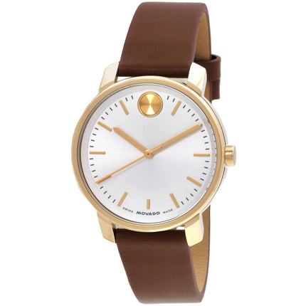 Movado Women's Analog Watch - Bold Quartz White Dial Brown Leather Strap | 3601166 ,
