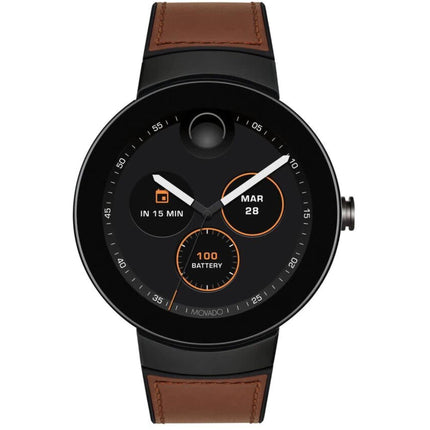 Movado Unisex Watch - Connect Quartz Black Dial Brown Leather Strap Date | 3660019 ,