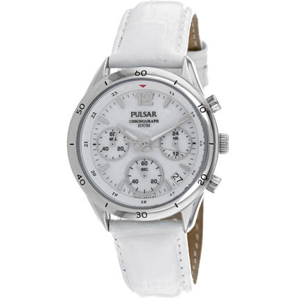 Pulsar Women's Watch - Classic Quartz Chronograph White Dial Leather Strap | PT3085 ,