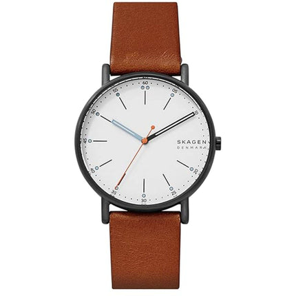 Skagen Men's Analog Watch - Signature Quartz White Dial Brown Leather Strap | SKW6374 ,