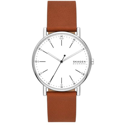 Skagen Men's Analog Watch - Signature Quartz White Dial Brown Leather Strap | SKW6903 ,