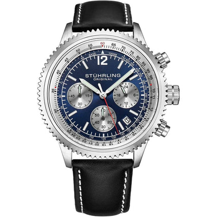 Stuhrling Men's Watch - Monaco Quartz Chrono Blue Dial Black Leather Strap | 669.02 ,