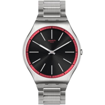 Swatch Men's Watch - Red Graphite Quartz Black Dial Silver Tone Bracelet | SSO7S129G ,
