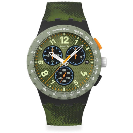 Swatch Unisex Watch - Midday Camo Black Case Light Green Dial Silicone Strap | SUSB423 ,