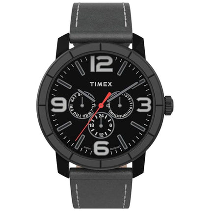 Timex Men's Watch - City Quartz Black Dial Grey Leather Strap Day-Date | TW2U15200JT ,