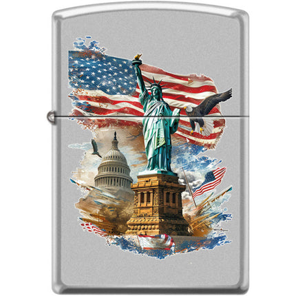 Zippo Windproof Pocket Lighter - Liberty Collage Satin Chrome Metal | XC352 ,