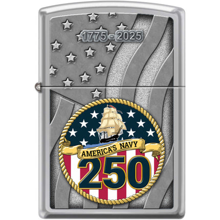 Zippo Windproof Pocket Lighter - US Navy 250th High Polish Chrome Metal | XC357 ,