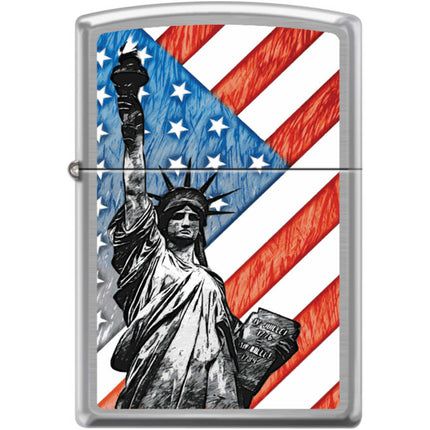 Zippo Windproof Pocket Lighter - Statue Of Liberty Flag Brushed Chrome Metal | XC403 ,