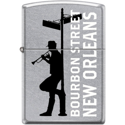 Zippo Windproof Pocket Lighter - Bourbon Street Trumpet Street Chrome Metal | XC438 ,