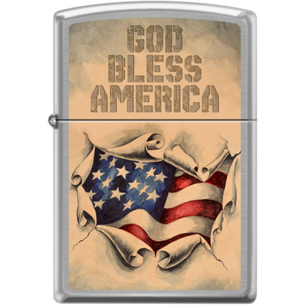Zippo Windproof Pocket Lighter - God Bless America Brushed Chrome Metal | XC439 ,