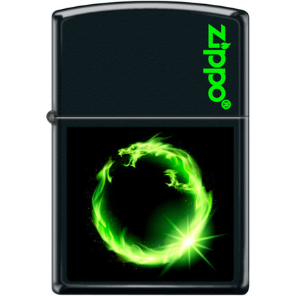Zippo Windproof Pocket Lighter - Green Fire Dragon Ring Black Matte Metal | XC488 ,