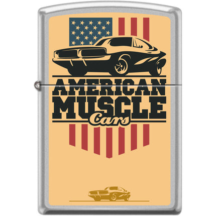 Zippo Windproof Pocket Lighter - American Muscle Cars Satin Chrome Metal | XC522 ,