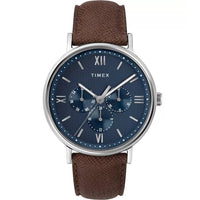 Timex Men's Watch - Southview Blue Dial Brown Leather Strap Day-Date | TW2T35100 ,