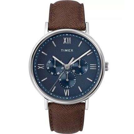 Timex Men's Watch - Southview Blue Dial Brown Leather Strap Day-Date | TW2T35100 ,