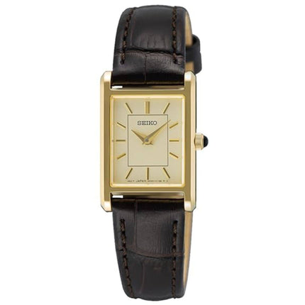 Seiko Women's Watch - Quartz Gold Tone Dial Black Genuine Leather Strap | SWR110P1 ,