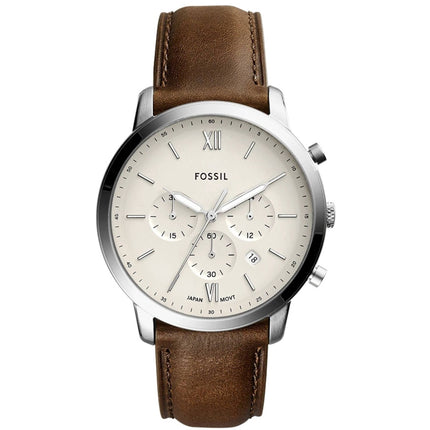 Fossil Men's Watch - Neutra Chronograph Silver Dial Brown Leather Strap | FS5380 ,