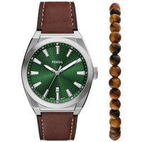 Fossil Men's Watch and Bracelet Set - Everett Green Dial Brown Strap | FS6080SET ,