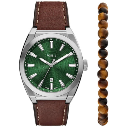 Fossil Men's Watch and Bracelet Set - Everett Green Dial Brown Strap | FS6080SET ,