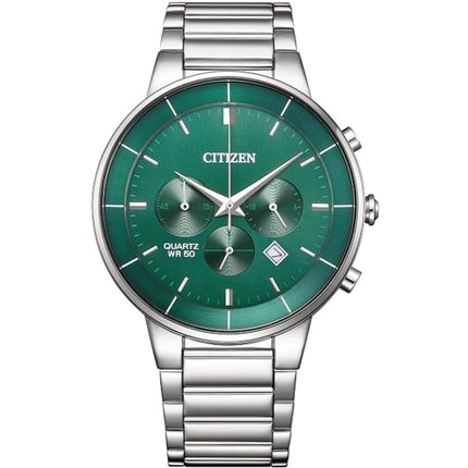 Citizen Men's Watch - Chronograph Green Dial Silver Steel Bracelet Date | AN8220-52X ,