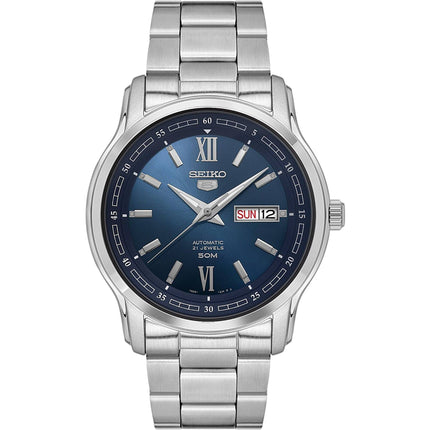 Seiko Men's Watch - 5 Day-Date Automatic Blue Dial Silver Tone Bracelet | SNKP17K1 ,