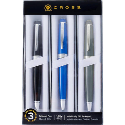 Cross Bailey Light Black, Blue and Grey Resin Ballpoint Pen Set of 3, Medium Point ,