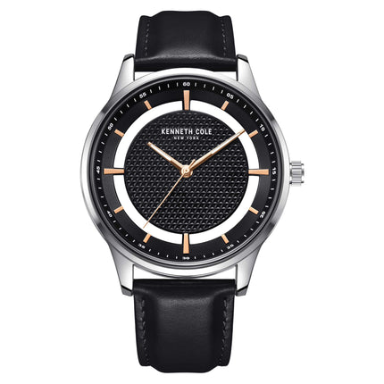 Kenneth Cole KCWGA2185503 Men's Quartz Watch Black Dial Leather Strap ,