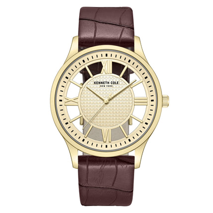 Kenneth Cole KCWGA0000473 Men's Quartz Watch Gold Dial Brown Leather Strap ,